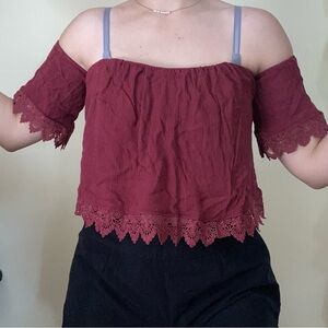 Charlotte Russe small women’s burgundy lace off the shoulder blouse